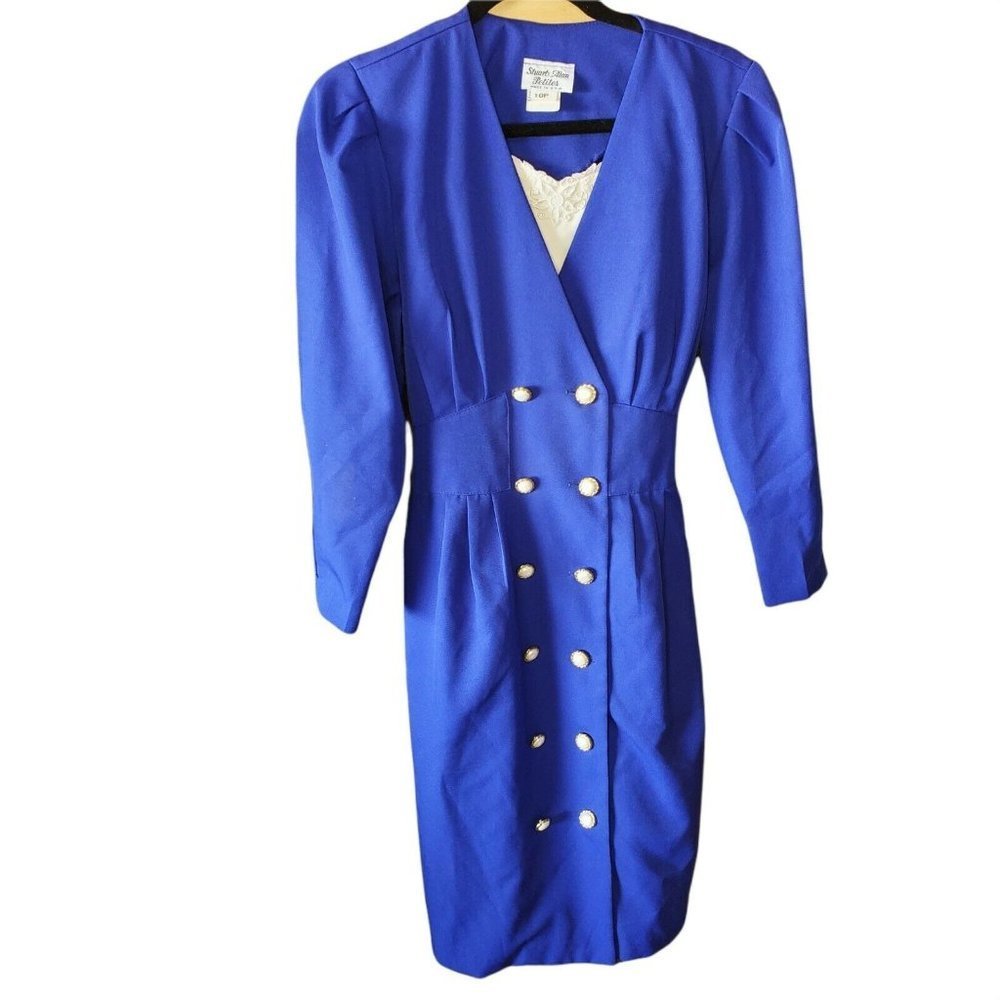 80s Secretary Blue Shirt Office Dress Pearls
